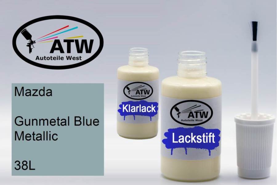 Mazda, Gunmetal Blue Metallic, 38L: 20ml Lackstift + 20ml Klarlack - Set, von ATW Autoteile West.